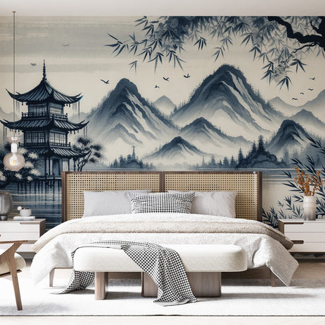 Japanese pagoda wallpaper mural creating a serene atmosphere in a modern living room with minimalist furniture