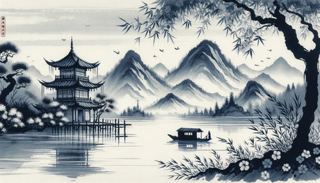 Japanese mountain landscape design file showing intricate ink painting details and misty pagoda pattern