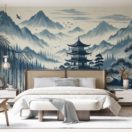Japanese pagoda wallpaper creating depth in a modern living room, blue-grey misty mountain scene adds serenity