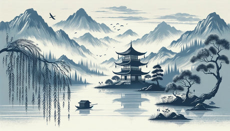 Japanese landscape design file showing detailed pagoda and misty mountains in cool blue tones