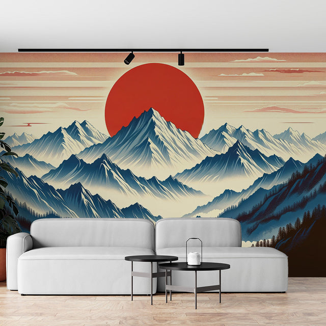 Japanese mountain wallpaper with red sun creating a peaceful atmosphere in a modern living room, perfect for meditation