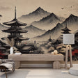 Japanese temple wallpaper creating a zen atmosphere in a modern living room with black and red accents