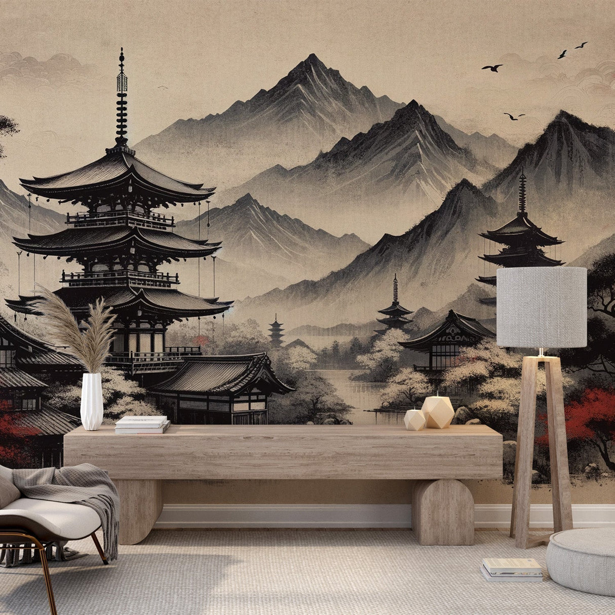 Japanese temple wallpaper creating a zen atmosphere in a modern living room with black and red accents