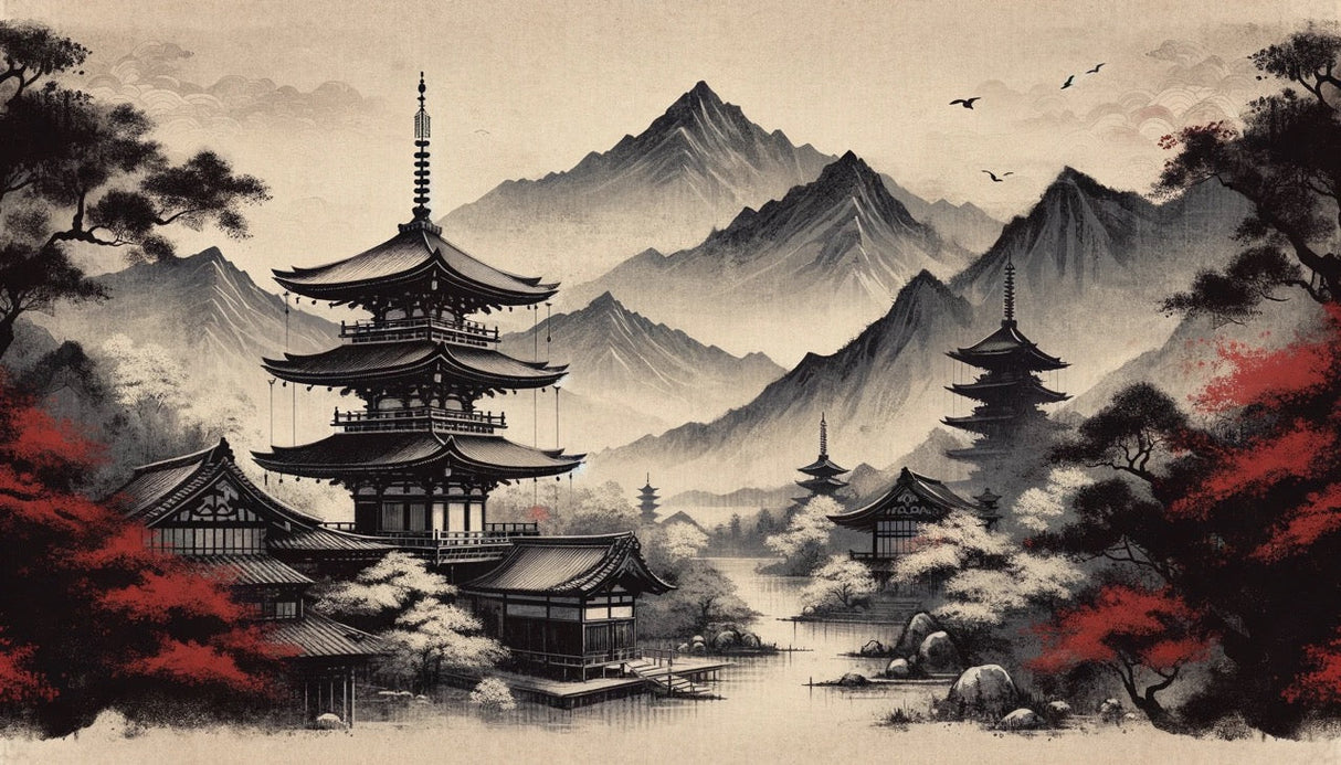 Japanese mountain temple design file showing detailed pagoda and maple leaves pattern