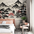 Japanese temple wallpaper with cherry blossoms creating a peaceful atmosphere in a modern living room with minimal furniture