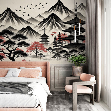 Japanese temple wallpaper with cherry blossoms creating a peaceful atmosphere in a modern living room with minimal furniture