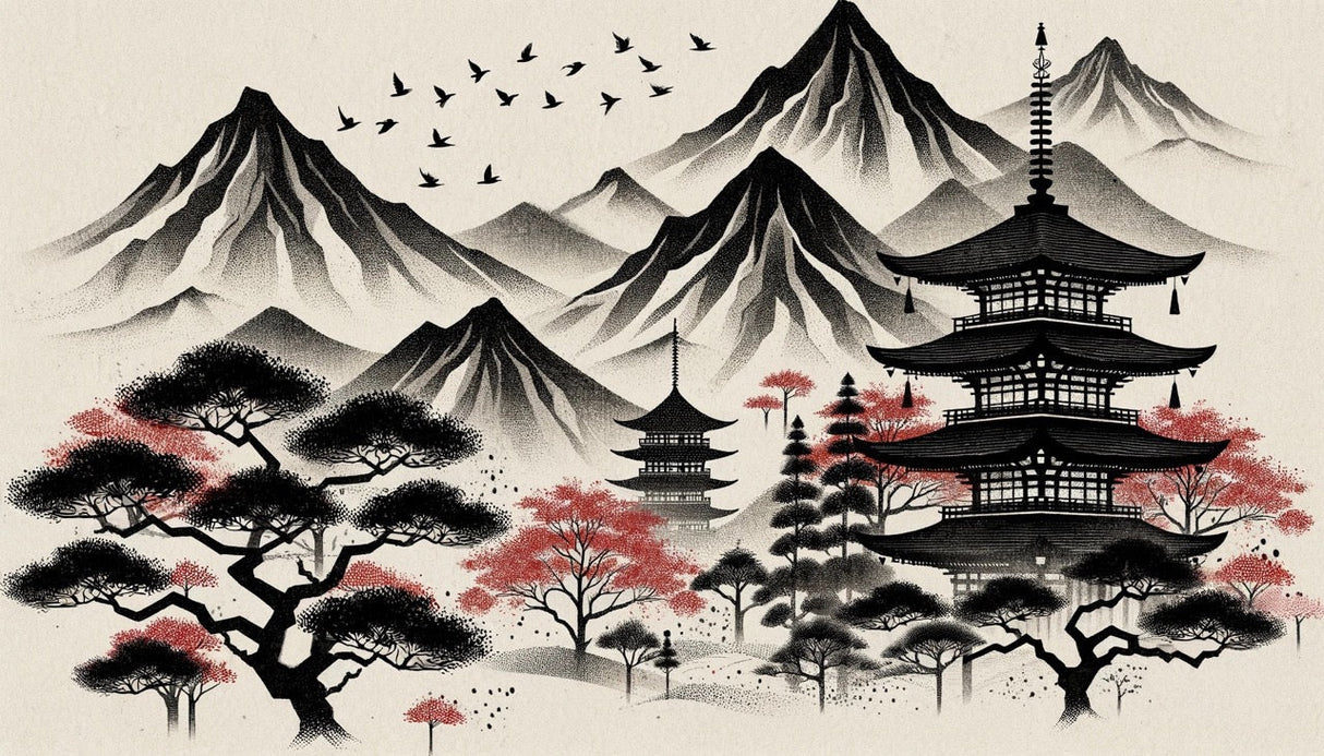 Japanese mountain temple design file showing detailed cherry blossoms and pagoda silhouettes against misty peaks