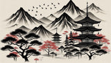 Japanese mountain temple design file showing detailed cherry blossoms and pagoda silhouettes against misty peaks
