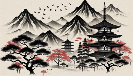 Japanese mountain temple design file showing detailed cherry blossoms and pagoda silhouettes against misty peaks