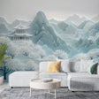 Japanese temple wallpaper with cherry blossoms creating a serene atmosphere in a minimal modern living room