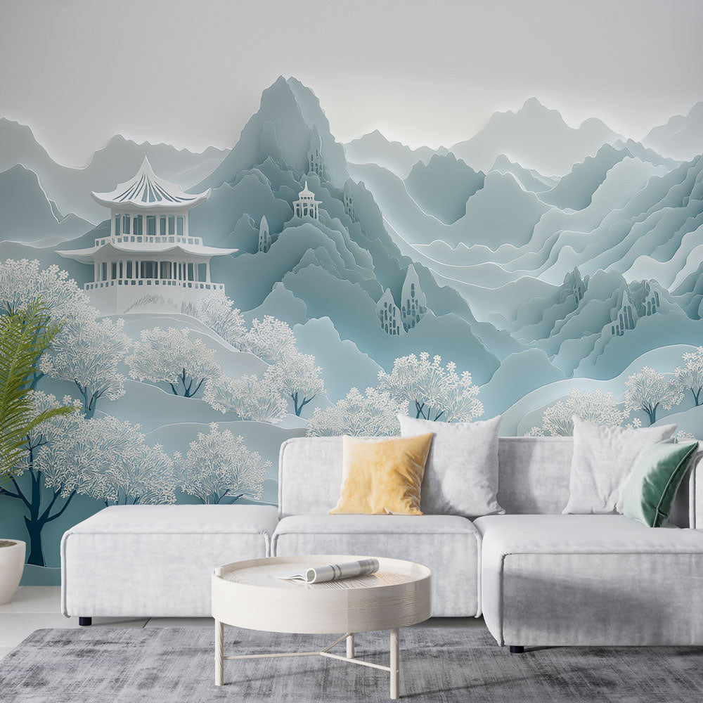 Japanese temple wallpaper with cherry blossoms creating a serene atmosphere in a minimal modern living room