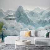 Japanese temple wallpaper with cherry blossoms creating a serene atmosphere in a minimal modern living room