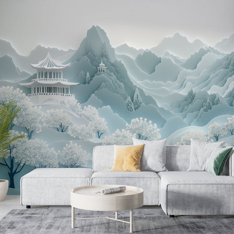Japanese temple wallpaper with cherry blossoms creating a serene atmosphere in a minimal modern living room