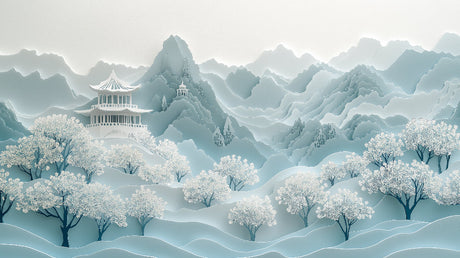 Japanese temple and mountain landscape design file with cherry blossoms in soft blue-grey tones