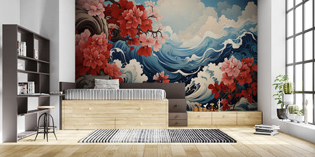 Design file showing detailed Japanese ocean waves pattern with cherry blossom overlay