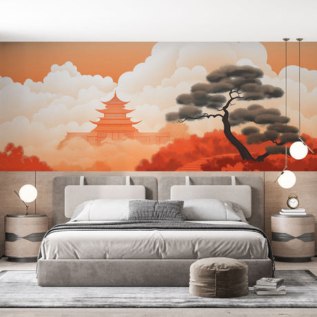 Japanese temple wallpaper creating a peaceful atmosphere in a modern living room with minimal furniture and warm lighting