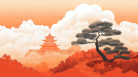 Japanese pagoda and pine tree design file showing detailed sunset scene with warm orange tones