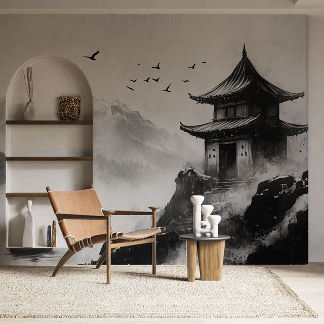 Japanese pagoda wallpaper in modern minimalist living room, creating zen atmosphere with black and white mountain art