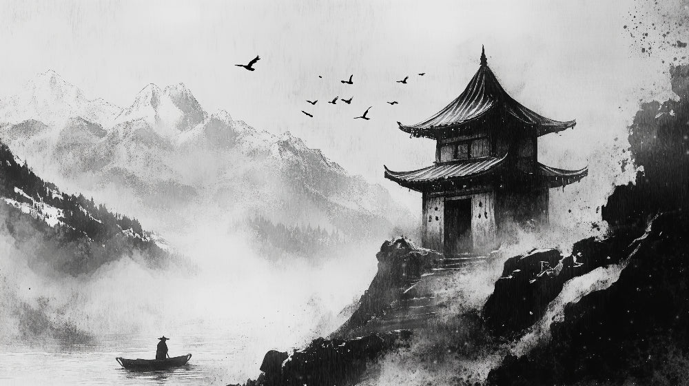 Japanese ink art mountain design file with pagoda silhouette and misty landscape details