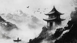 Japanese ink art mountain design file with pagoda silhouette and misty landscape details