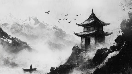 Japanese ink art mountain design file with pagoda silhouette and misty landscape details