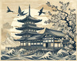 Japanese pagoda wallpaper mural in modern dining room, showing cherry blossoms and waves creating peaceful ambiance
