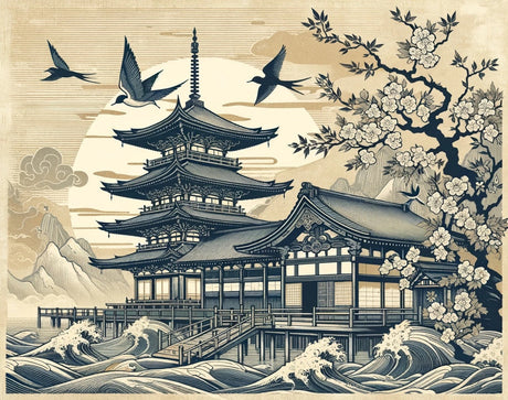 Japanese pagoda wallpaper mural in modern dining room, showing cherry blossoms and waves creating peaceful ambiance