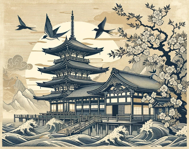 Japanese pagoda wallpaper mural in modern dining room, showing cherry blossoms and waves creating peaceful ambiance