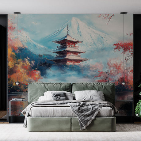 Japanese temple wallpaper with Mount Fuji shown in a modern living room, creating a serene meditation space