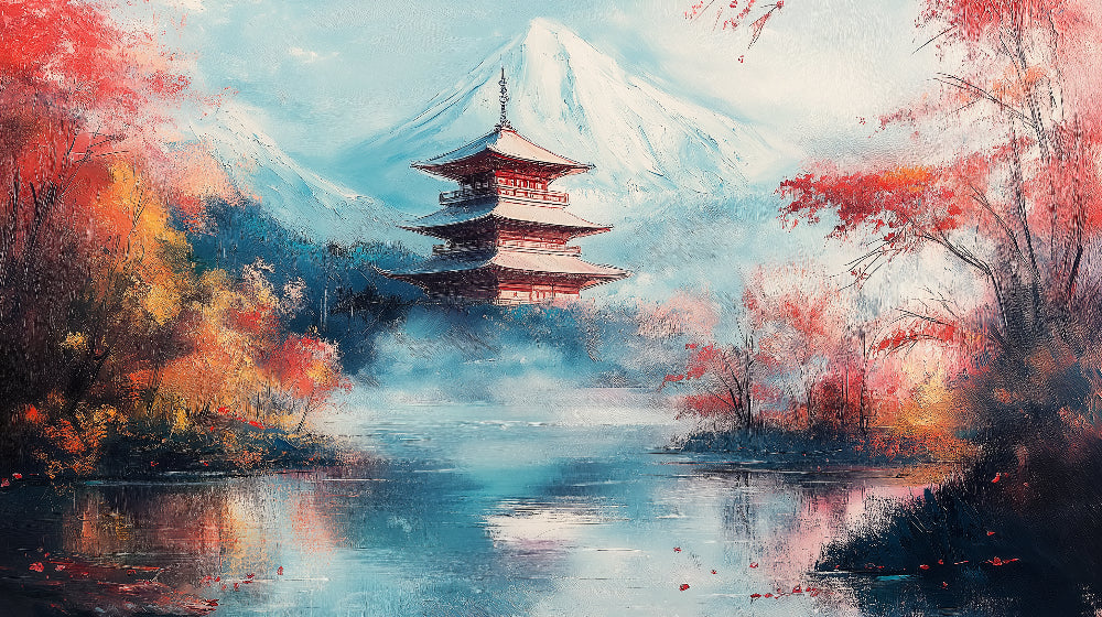 Japanese pagoda and Mount Fuji wallpaper design file showing detailed cherry blossoms and misty landscape pattern