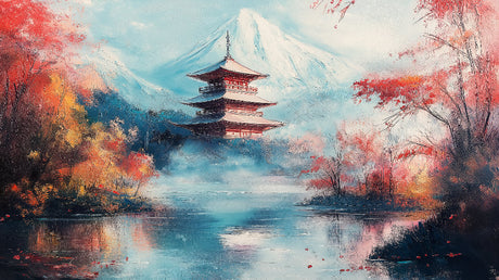 Japanese pagoda and Mount Fuji wallpaper design file showing detailed cherry blossoms and misty landscape pattern