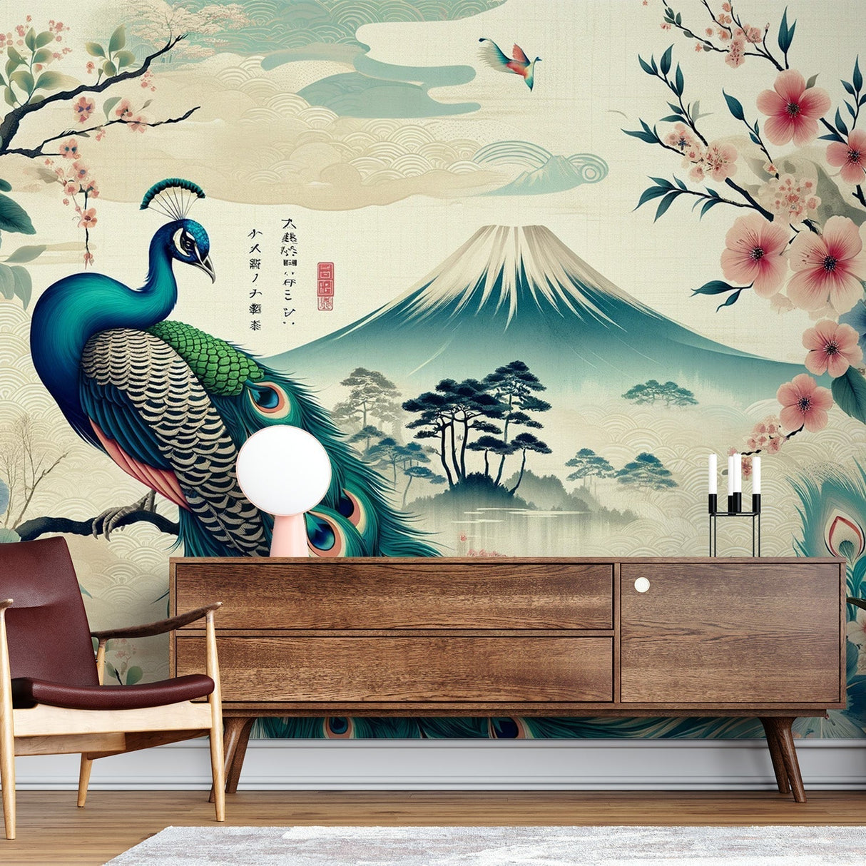 Japanese peacock wallpaper creating zen atmosphere in modern living room with soft natural lighting