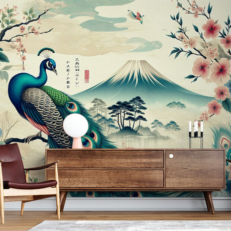 Japanese peacock wallpaper creating zen atmosphere in modern living room with soft natural lighting