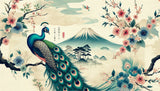 Japanese art wallpaper design file showing detailed peacock and cherry blossoms with Mount Fuji