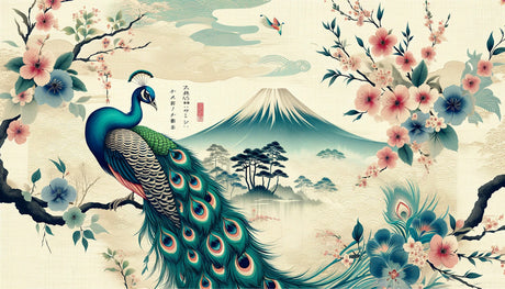 Japanese art wallpaper design file showing detailed peacock and cherry blossoms with Mount Fuji
