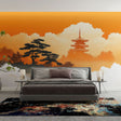 Japanese landscape wallpaper with pagoda and pine tree creating a peaceful atmosphere in a modern dining room