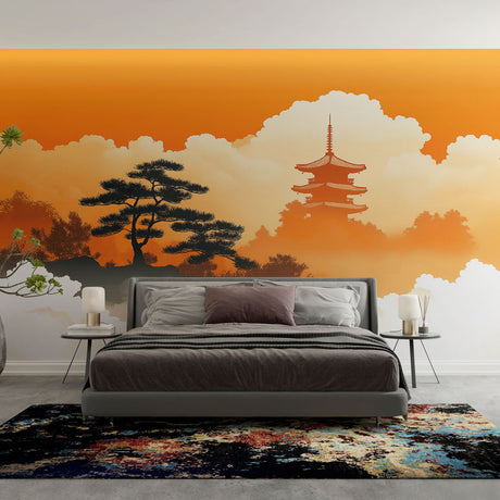 Japanese landscape wallpaper with pagoda and pine tree creating a peaceful atmosphere in a modern dining room