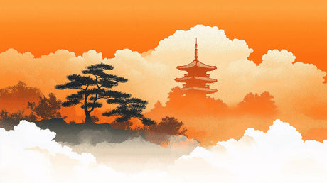 Japanese pine tree and pagoda sunset design file showing detailed oriental pattern and warm orange tones