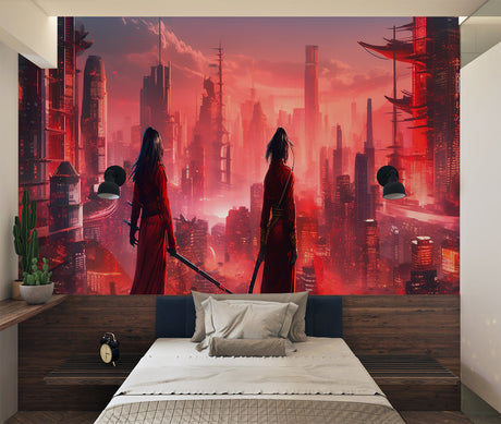Japanese cyberpunk wallpaper creating drama in a modern gaming room with red accent lighting