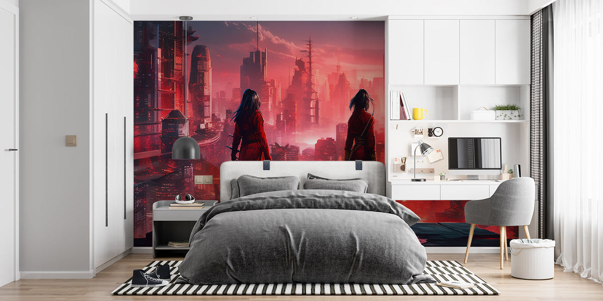 Anime city wallpaper transforming a teen bedroom with futuristic Japanese urban scene