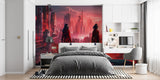 Anime city wallpaper transforming a teen bedroom with futuristic Japanese urban scene