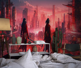 Red cyberpunk mural adding depth to a minimalist living room space