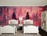 Cyberpunk city mural bringing energy to modern entertainment room