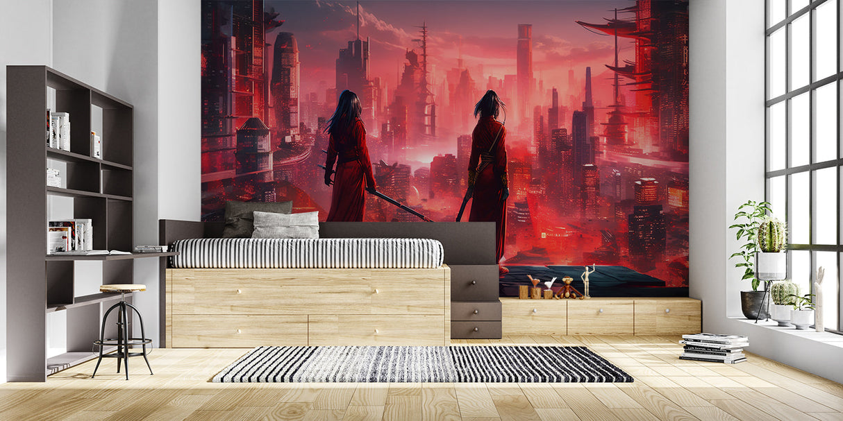 Anime style wallpaper creating atmosphere in urban apartment setting
