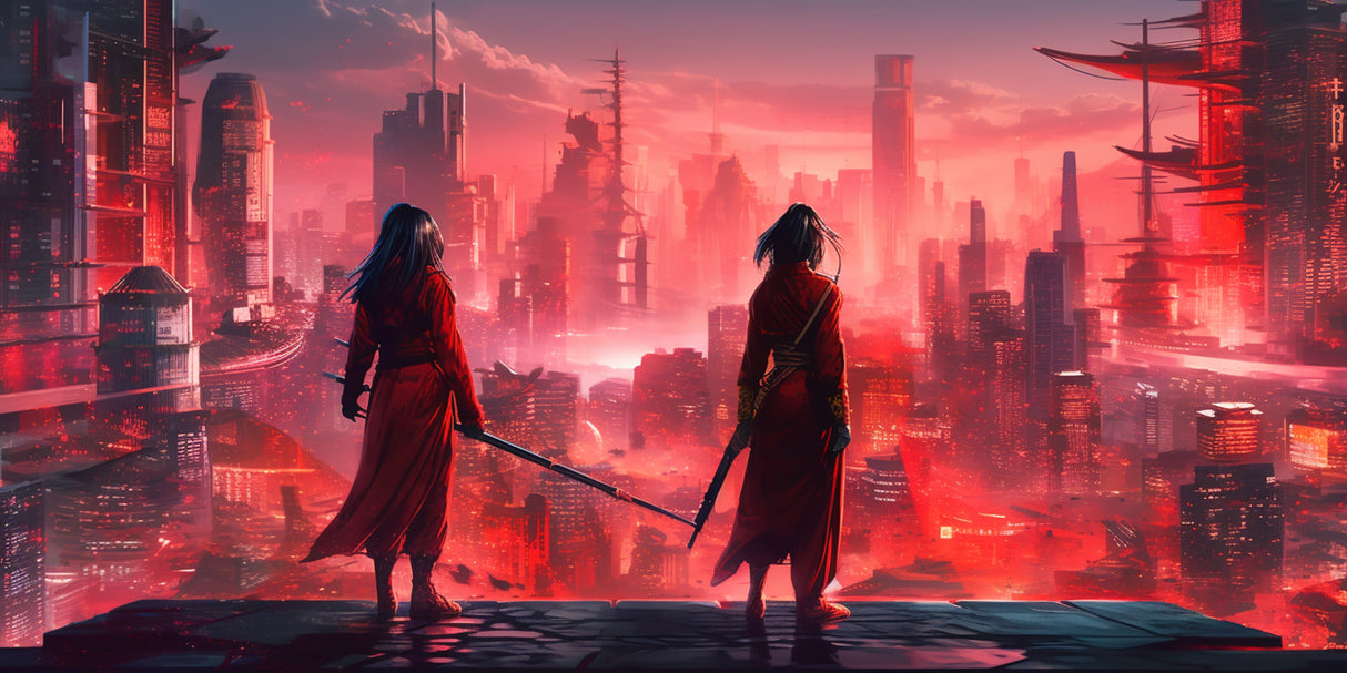 Design file showing detailed Japanese cyberpunk cityscape with red sunset