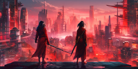 Design file showing detailed Japanese cyberpunk cityscape with red sunset