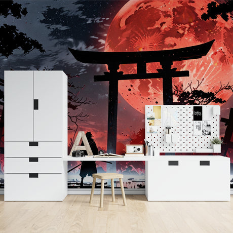 Japanese red moon wallpaper creating atmosphere in modern living room with grey sofa and minimal decor