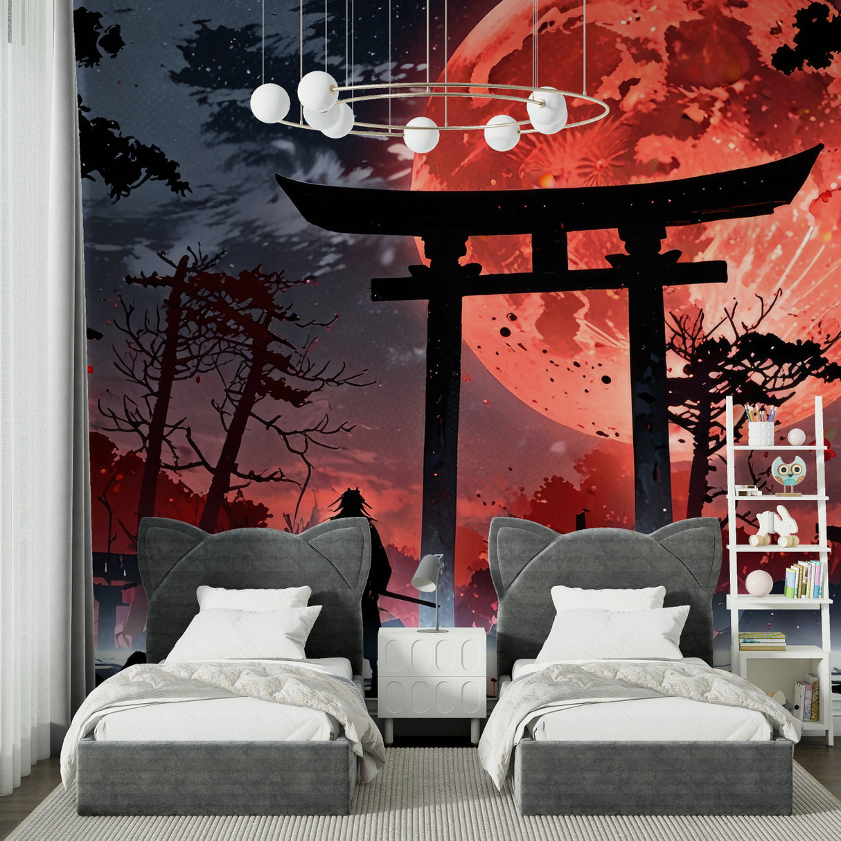 Dramatic Japanese torii gate mural in master bedroom with contemporary furniture