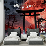 Dramatic Japanese torii gate mural in master bedroom with contemporary furniture