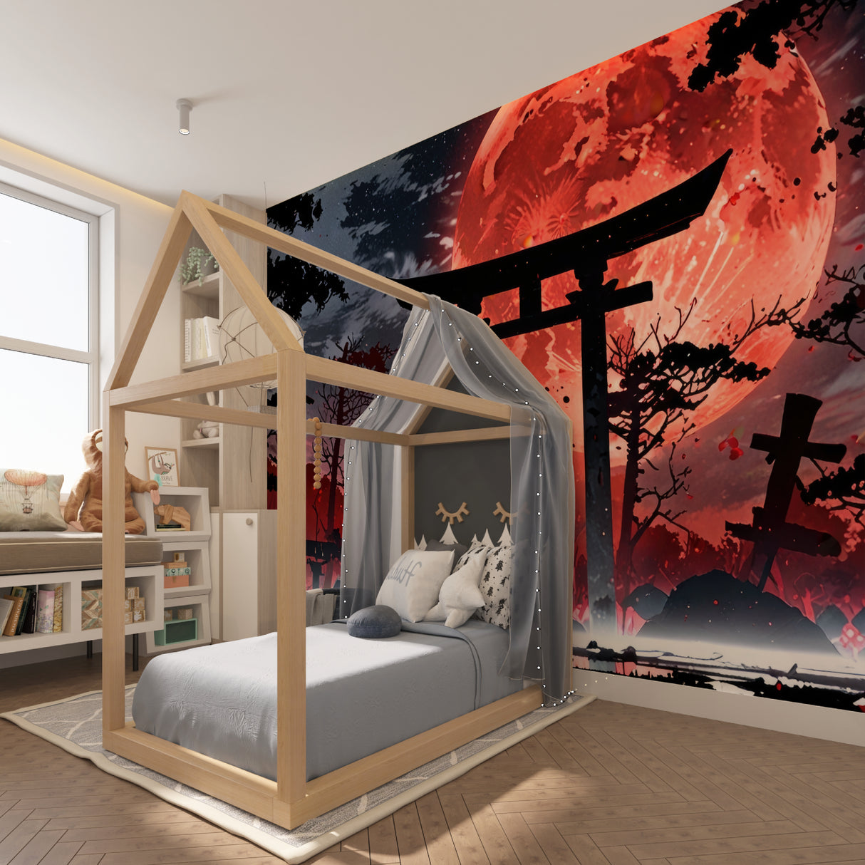Red moon Japanese wallpaper adding depth to meditation room with floor cushions